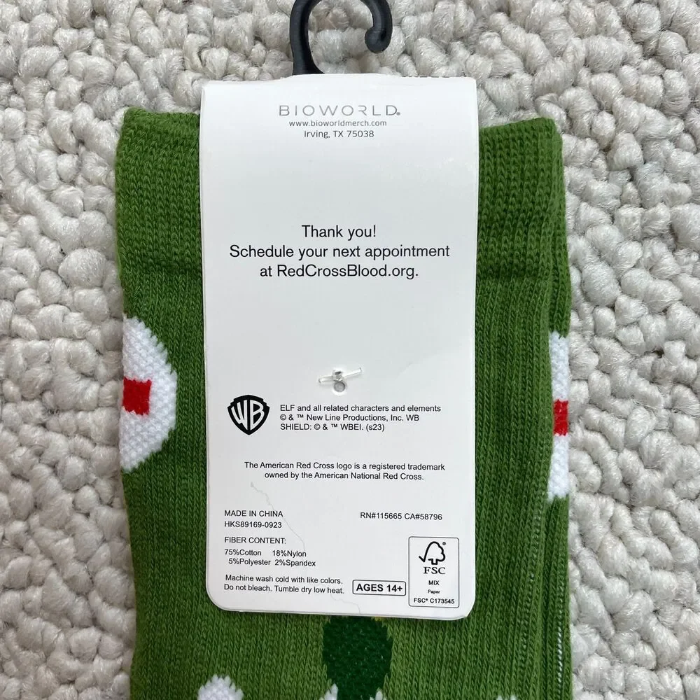 American Red Cross Elf Movie Green Socks Adult Unisex 2023 New NWT Christmas